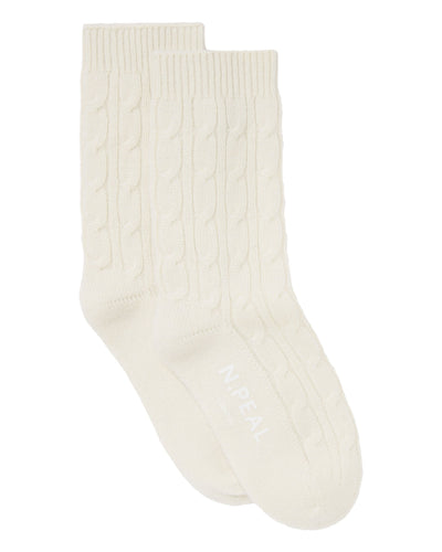 N.Peal Women's Cable Cashmere House Socks New Ivory White