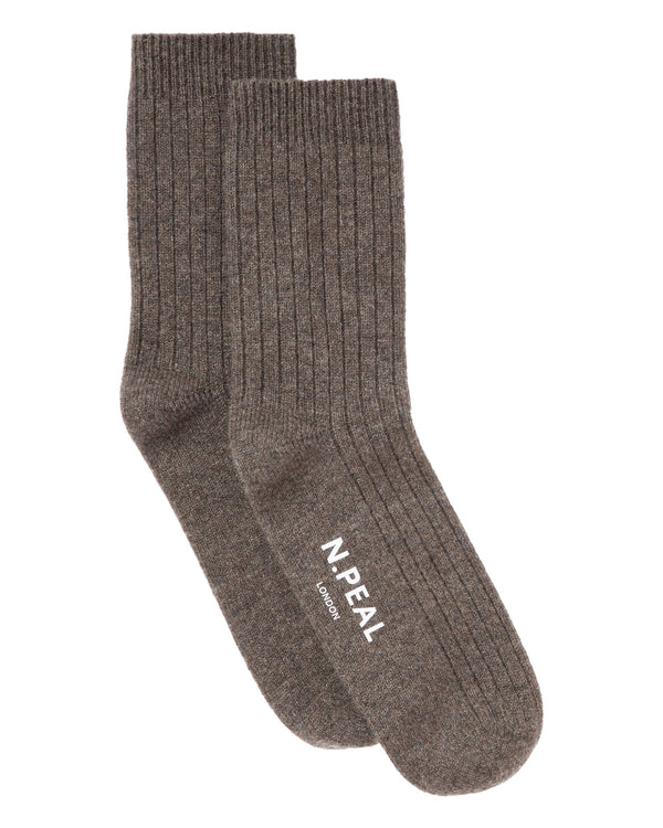 N.Peal Men's Rib Cashmere House Socks Wood Smoke Brown