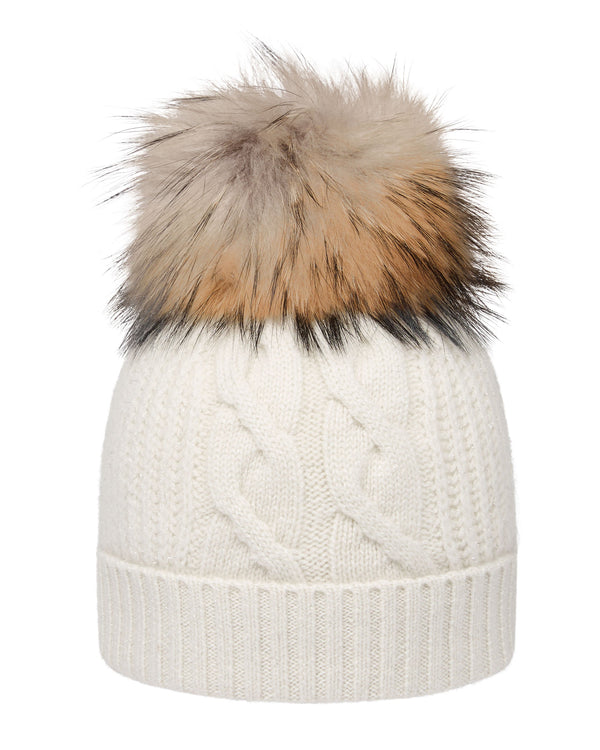 N.Peal Women's Cable Cashmere Hat With Lurex And Fur Pom Snow Grey Sparkle