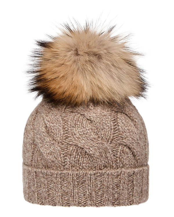 N.Peal Unisex Chunky Cable Cashmere Hat With Pom Heather Hazel Brown