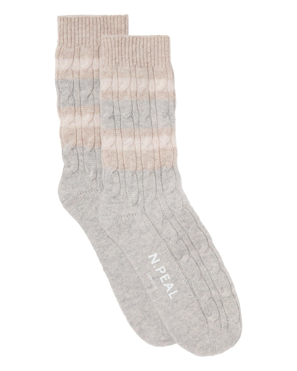 N.Peal Men's Stripe Cable Cashmere Socks Fumo Grey