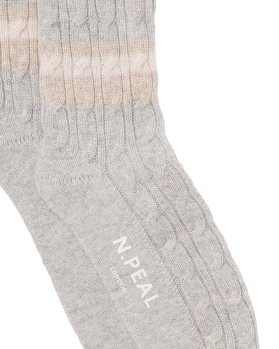 N.Peal Men's Stripe Cable Cashmere Socks Fumo Grey