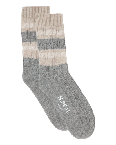 N.Peal Men's Stripe Cable Cashmere Socks Frost White