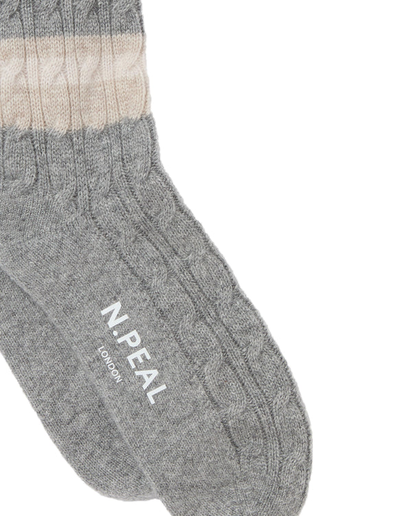 N.Peal Men's Stripe Cable Cashmere Socks Frost White