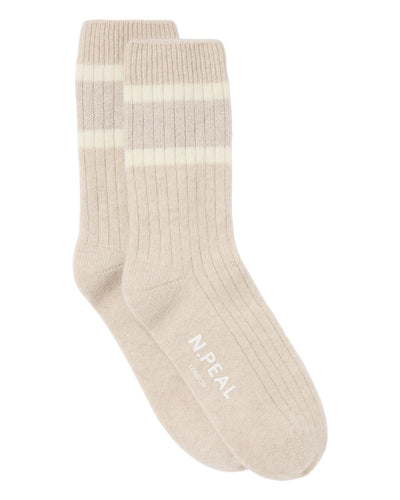 N.Peal Women's Rib Stripe Cashmere Socks Ecru White