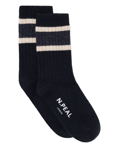 N.Peal Women's Rib Stripe Cashmere Socks Navy Blue