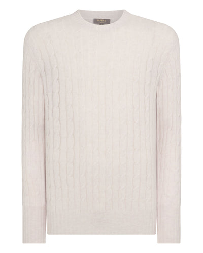 N.Peal Men's Thames Cable Round Neck Cashmere Jumper Frost White