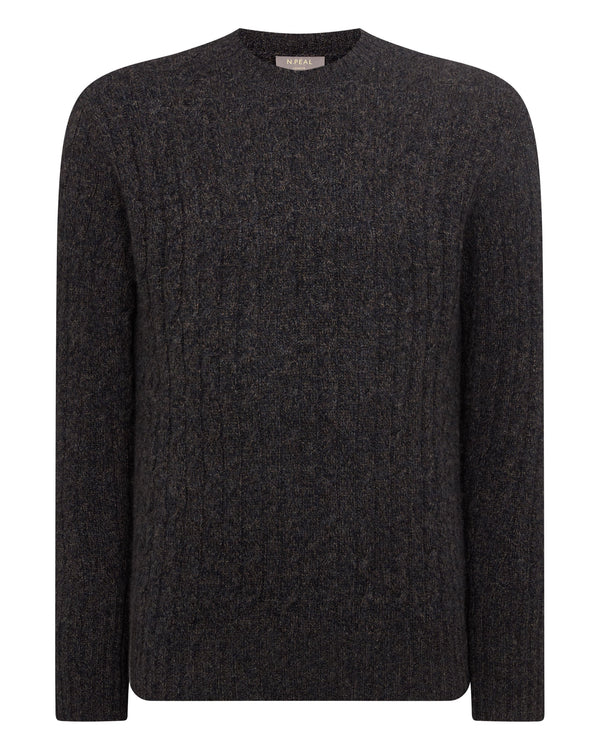 N.Peal Men's Thames Cable Round Neck Cashmere Jumper Granite Blue