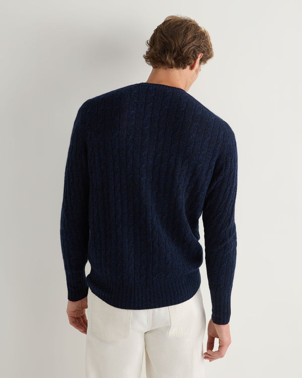 N.Peal Men's Thames Cable Round Neck Cashmere Jumper Navy Blue Melange