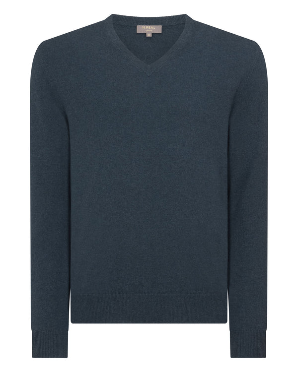 N.Peal Men's Burlington V Neck Cashmere Jumper Caviar Blue