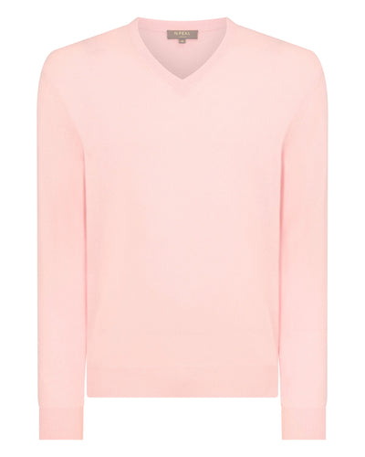 N.Peal Men's Burlington V Neck Cashmere Jumper Pale Pink