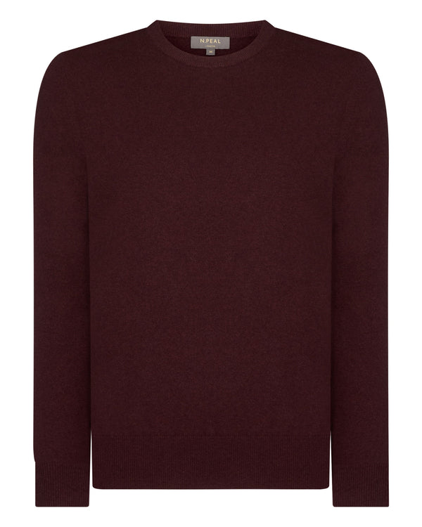 N.Peal Men's Oxford Round Neck Cashmere Jumper Claret Red