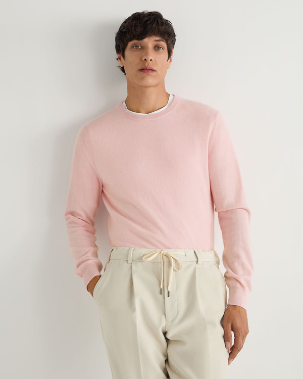 N.Peal Men's Oxford Round Neck Cashmere Jumper Pale Pink