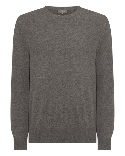 N.Peal Men's Oxford Round Neck Cashmere Jumper Wood Smoke Brown