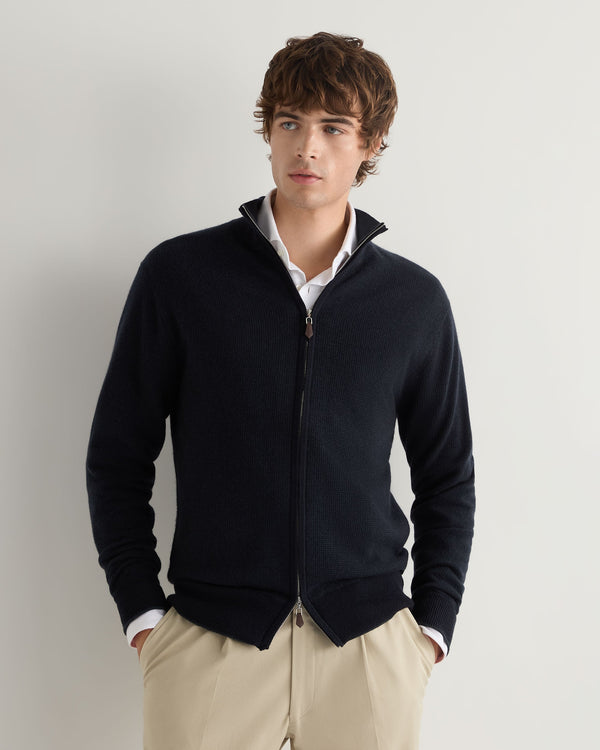 N.Peal Men's Knightsbridge Birdseye Full Zip Cashmere Jumper Navy Blue