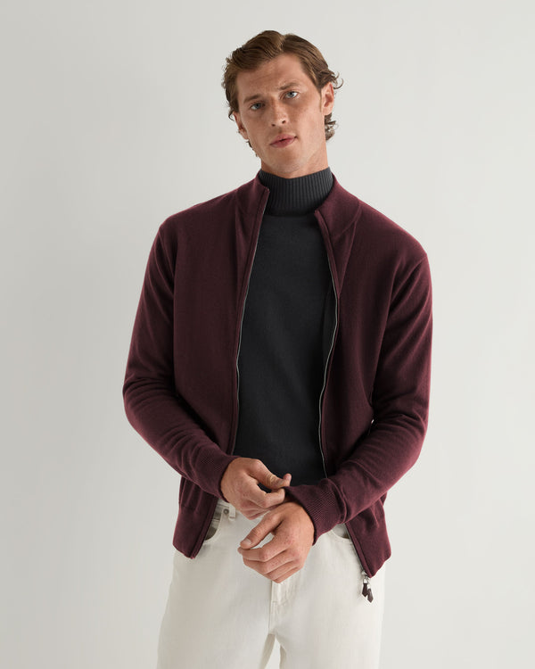 N.Peal Men's Knightsbridge Full Zip Cashmere Jumper Claret Red