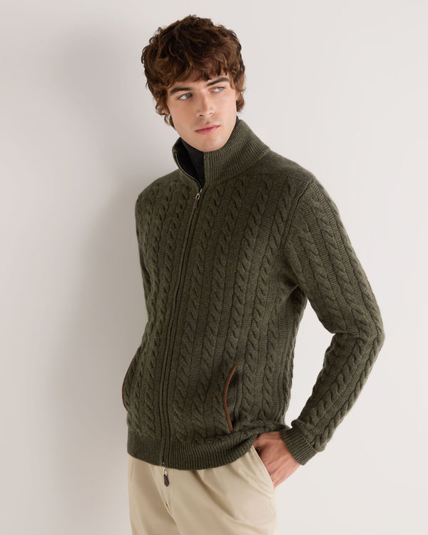 N.Peal Men's Richmond Cable Cashmere Cardigan Moss Green