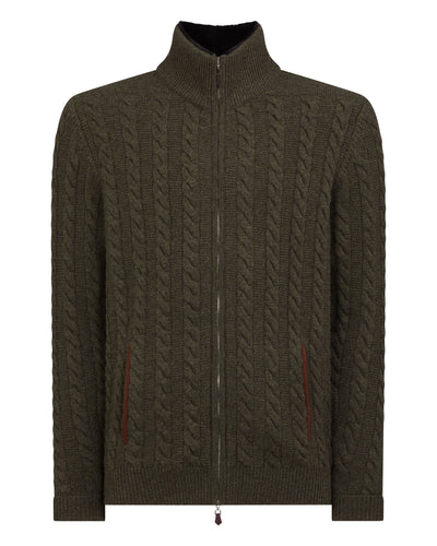 N.Peal Men's Richmond Cable Cashmere Cardigan Moss Green