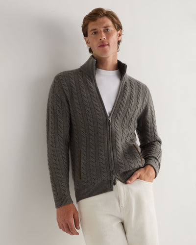 N.Peal Men's Richmond Cable Cashmere Cardigan Wood Smoke Brown