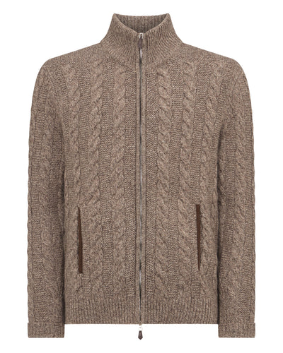 N.Peal Men's Richmond Cable Cashmere Cardigan Heather Hazel Brown