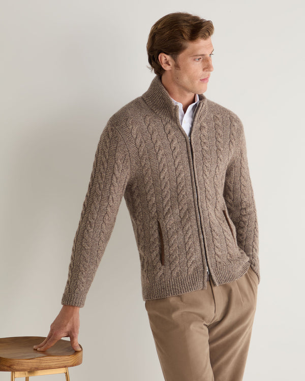 N.Peal Men's Richmond Cable Cashmere Cardigan Heather Hazel Brown