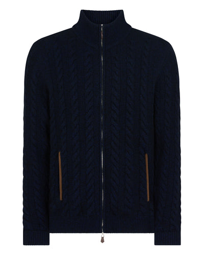 N.Peal Men's Richmond Cable Cashmere Cardigan Navy Blue Melange