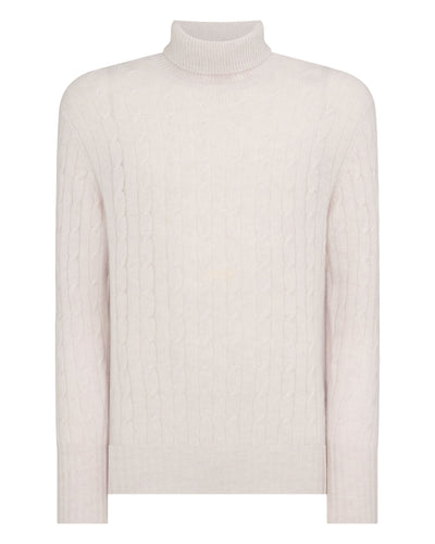 N.Peal Men's Berwick Cable Roll Neck Cashmere Jumper Frost White