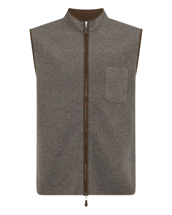 N.Peal Men's Shaftsbury Suede Trim Cashmere Gilet Wood Smoke Brown