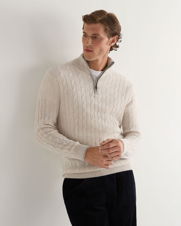 N.Peal Men's Albemarle Cable Half Zip Cashmere Jumper Frost White