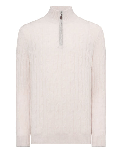 N.Peal Men's Albemarle Cable Half Zip Cashmere Jumper Frost White