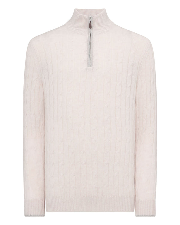 N.Peal Men's Albemarle Cable Half Zip Cashmere Jumper Frost White