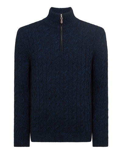 N.Peal Men's Albemarle Cable Half Zip Cashmere Jumper Navy Blue Melange