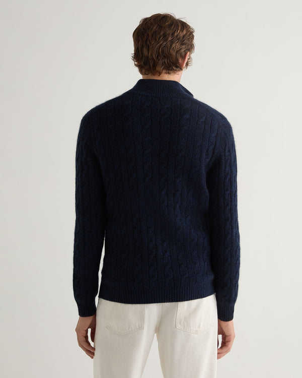 N.Peal Men's Albemarle Cable Half Zip Cashmere Jumper Navy Blue Melange