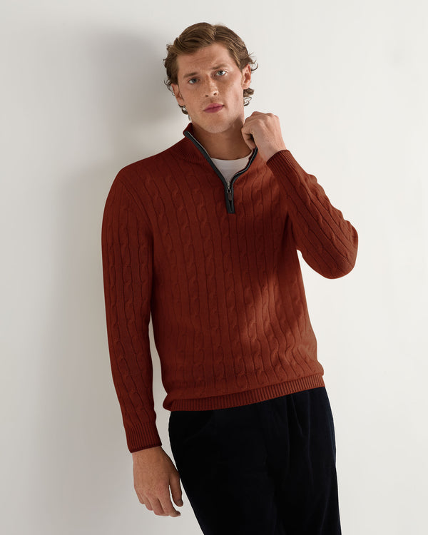 N.Peal Men's Albemarle Cable Half Zip Cashmere Jumper Spice Orange