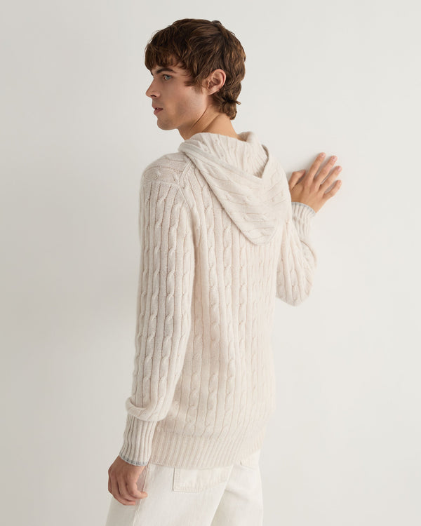 N.Peal Men's Fitzrovia Cable Cashmere Hoodie Frost White