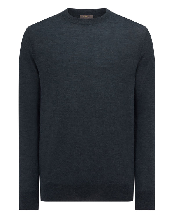 N.Peal Men's Covent Fine Gauge Cashmere Round Neck Jumper Azurine Blue