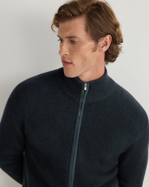 N.Peal Men's Lambeth Two Tone Rib Full Zip Cashmere Cardigan Navy Blue