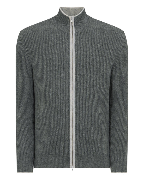 N.Peal Men's Lambeth Rib Full Zip Cashmere Cardigan Elephant Grey