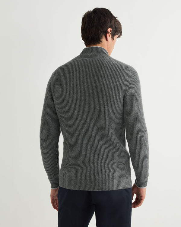 N.Peal Men's Lambeth Rib Full Zip Cashmere Cardigan Elephant Grey