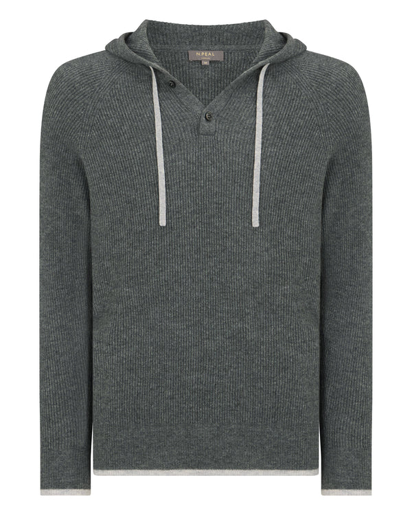 N.Peal Men's Balham Rib Hooded Cashmere Jumper Elephant Grey