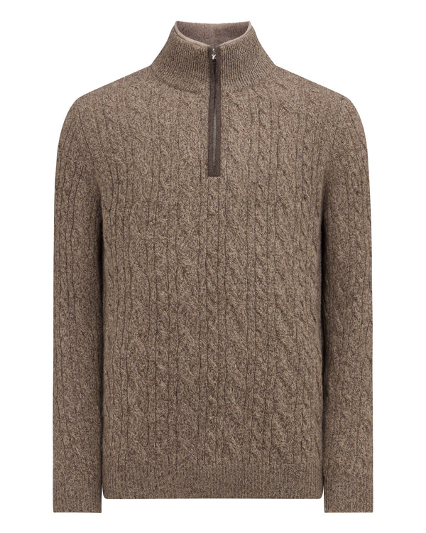 N.Peal Men's Fur Trim Half Zip Cashmere Jumper Heather Hazel Brown