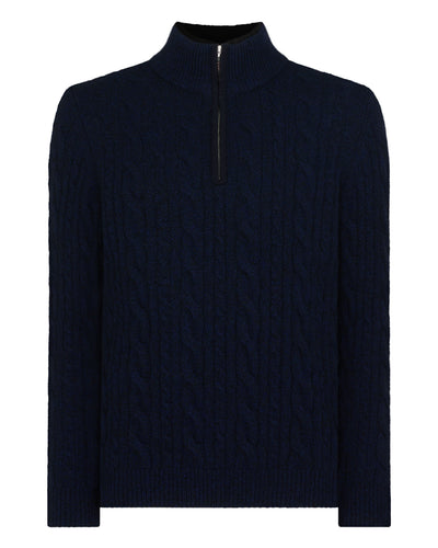 N.Peal Men's Fur Trim Half Zip Cashmere Jumper Navy Blue Melange