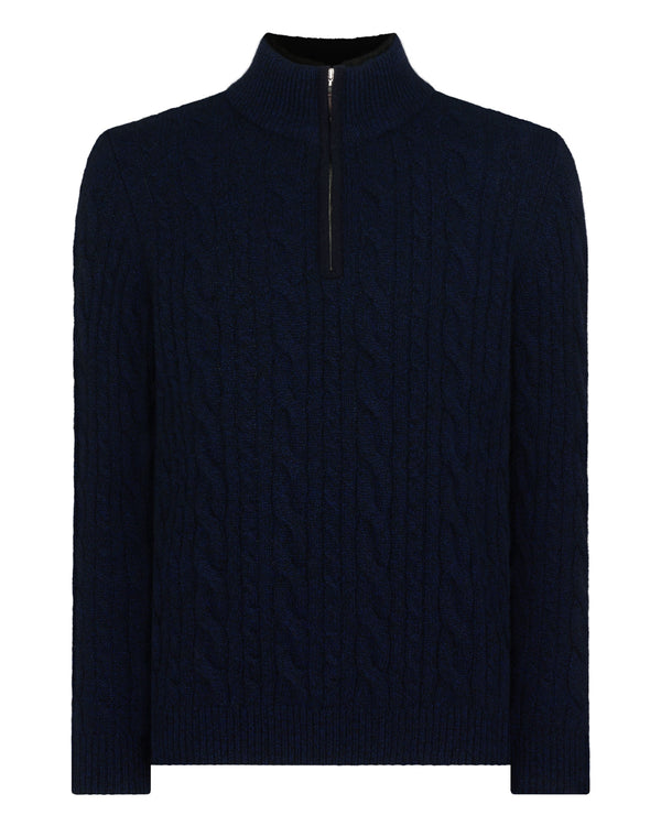 N.Peal Men's Fur Trim Half Zip Cashmere Jumper Navy Blue Melange