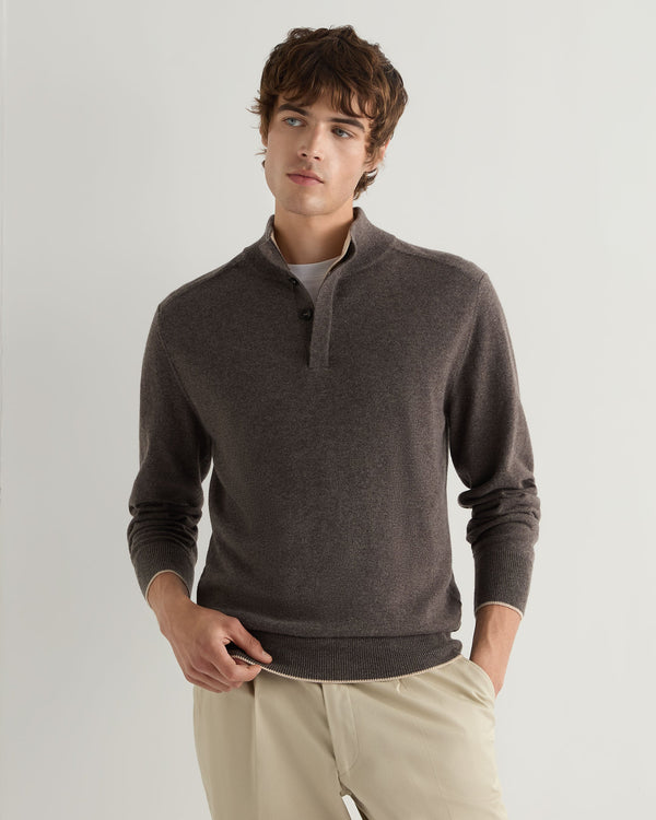 N.Peal Men's Half Button Cashmere Jumper Biscotti Brown