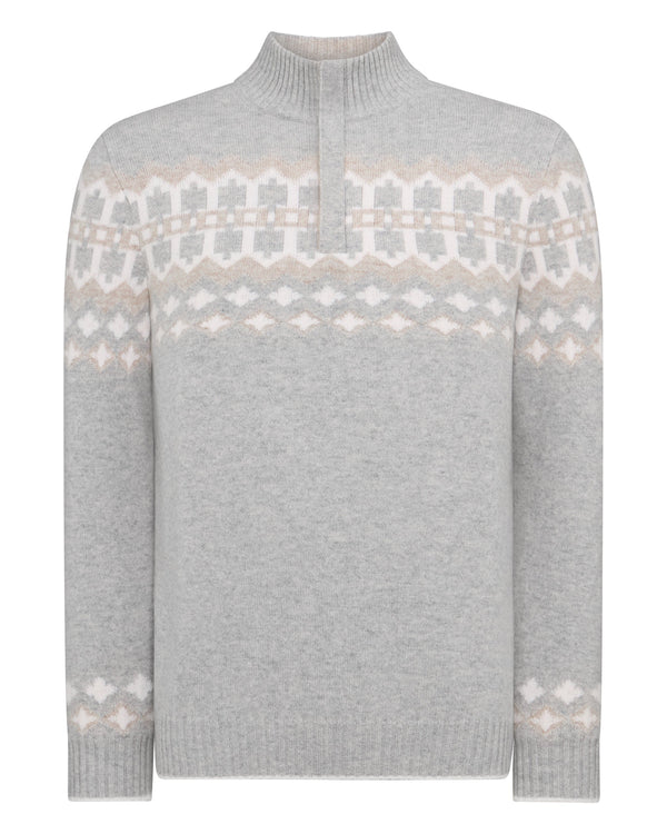 N.Peal Men's Jacquard Round Neck Cashmere Jumper Fumo Grey