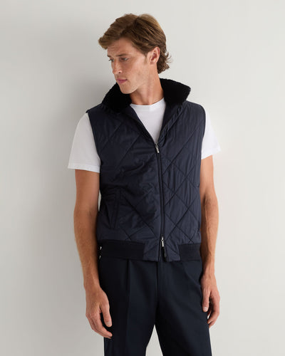 N.Peal Men's Diamond Fur Trim Cashmere Gilet Navy Blue