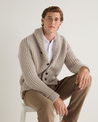 N.Peal Men's Textured Kensington Cashmere Cardigan Sand Brown