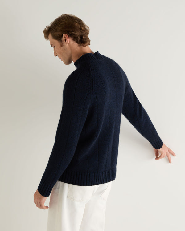 Men's Spitalfields Rib Funnel Neck Cashmere Jumper Navy Blue Melange