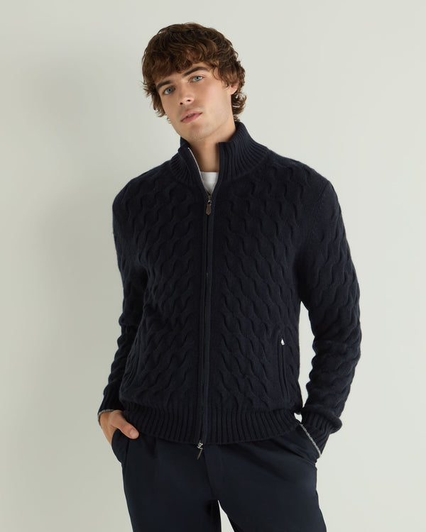 N.Peal Men's Hammersmith Cable Full Zip Cashmere Jumper Navy Blue