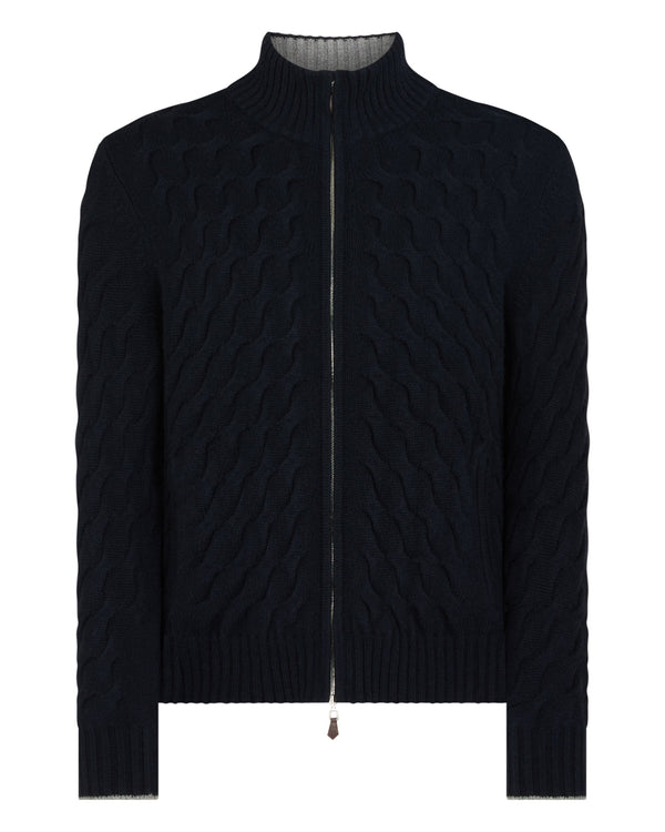 N.Peal Men's Hammersmith Cable Full Zip Cashmere Jumper Navy Blue